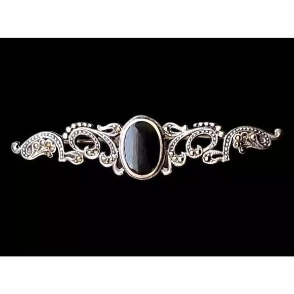 VTG Onyx & Marcasite Sterling Silver mourning Collar Brooch Pin 925 silver - Picture 9 of 9